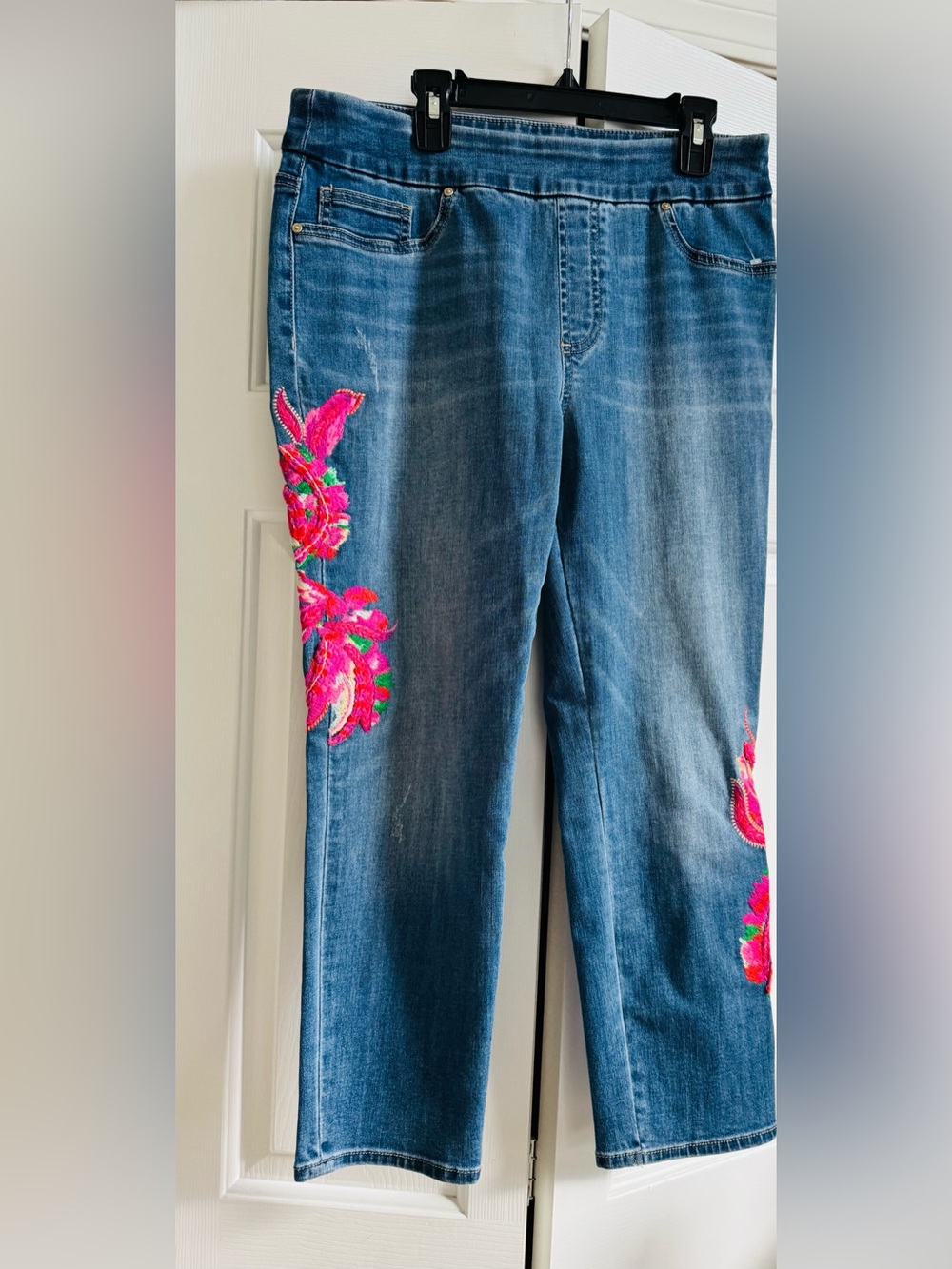 Chico's Dark Wash Skinny Jeans with Pink & Green Floral Embroidery